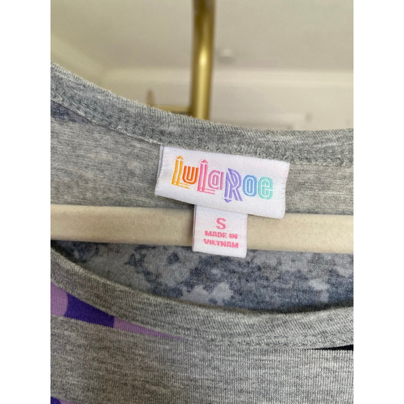 LuLaRoe Stripe Floral Midi Dress Gray Short Sleeve Stretch Lounge Bold Boho Art - Picture 4 of 6